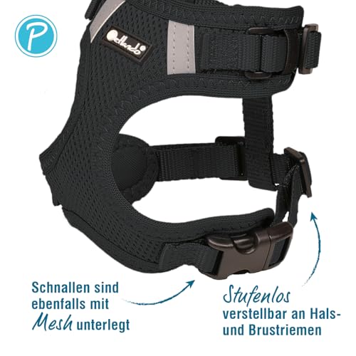 Petlando Hundegeschirr Mesh Vest, leichtes Brustgeschirr aus weichem Mesh & Nylon, stufenlos verstellbar, reflektierend mit 2 D-Ringen, Schwarz M, Welpengeschirr mitwachsend