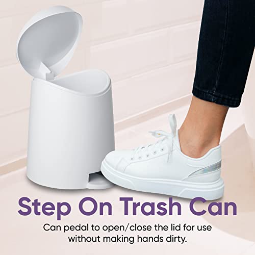 Image of Superio Mini Bathroom Trash Can with Lid 3 Liter, Plastic Waste Bin 0.75 Gallon, Modern Flat Lid Step On Trash Can with Foot Pedal, for Bathroom, Bedroom, Office, Under Desk, Soft Close (2, White)