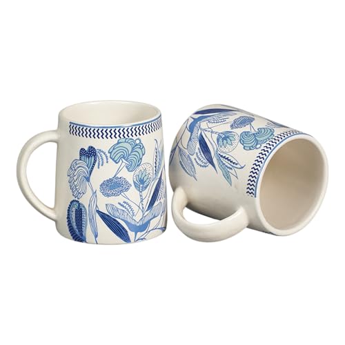 Image of Miah IndigoBloom Ceramic Cup Set - Set of 2 | 10.16 cm x 6.85 cm x 8.89 cm | Handcrafted Coffee & Tea Mugs | Microwave & Dishwasher Safe | Elegant Blue Floral Design