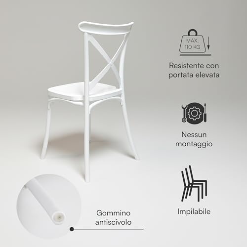 Baroni Home Set 4 Sedie In Plastica Bianca – Impilabili, Senza Montaggio, Facili Da Pulire, Con Gommini Antiscivolo, Per Cucina, Soggiorno, Sala Da Pranzo, Esterno 44X44X82 Cm, Schienale Intrecciato - 6