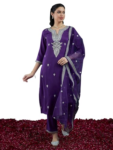 Image of INDO ERA Women's Embroidered Silk Blend Calf Length Straight Kurta Trouser With Dupatta Set