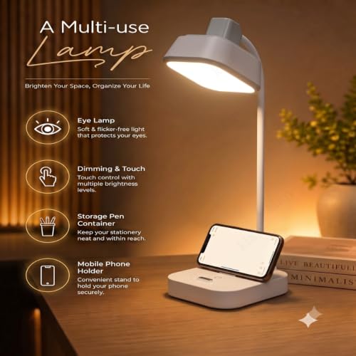 Image of Kian 3-in-1 LED Desk Lamp with Pen & Phone Holder, 1200mAh Battery- USB Rechargeable Study Lamp with Touch Sensor, 3 Light Modes, Eye Protection & Warm White,(Pack of 1) (Lamp 6)