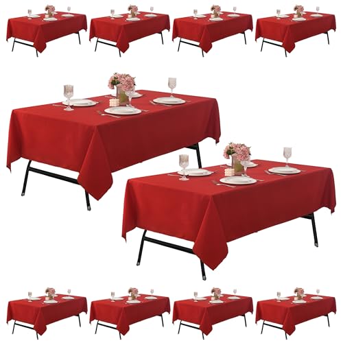 Image of 10-Pack 60x102 inch Red Table Cloths, Solid Stain and Wrinkle Resistant Oblong Tablecloth, Premium Plain Weave Polyester Fabric Rectangle Table Linen Covers for Hotel, Wedding