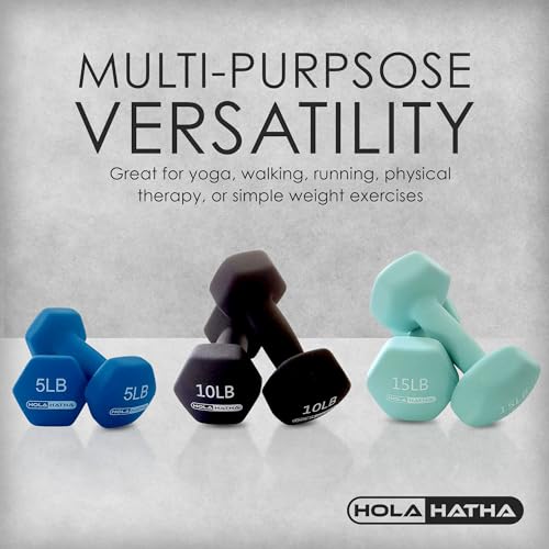 HolaHatha Neoprene Dumbbell Weights Set & Rack for Home Workout, 60 Lbs, Blue/Green/Black