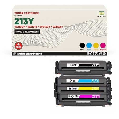 BDink Tóner Compatible HP 213Y/213X/213A W2130 W2131 W2132 W2133 CMYK (Pack 4) con Chip para Color LaserJet Enterprise 5700dn 6700dn Rendimiento 18000 páginas Negro y 12000 páginas Color