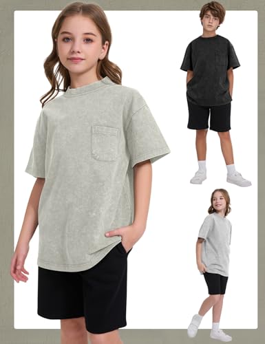 Image of COZYPOIN Unisex Kids Vintage Acid Wash Cotton Tees Crew Neck 3-16Y