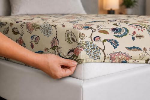 Image of Elastic Fitted King Size Bedsheet Cotton for Double Bed | 72 inchx78 inch +10 Inch, Floral, Soft & Breathable, Fade & Shrink Resistant, 2 Pillow Covers (Brown Pecock)