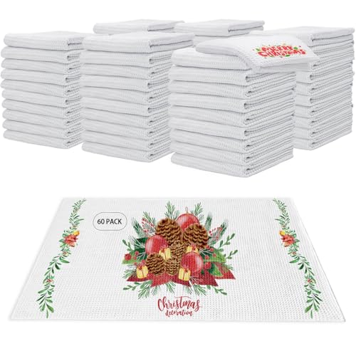 YOUKE OLA 60 Pack Sublimation White Towels Waffle Weave Kitchen Towels Blanks Microfiber Dish Drying Towel for Heat Transfer 16 x 24 Inch