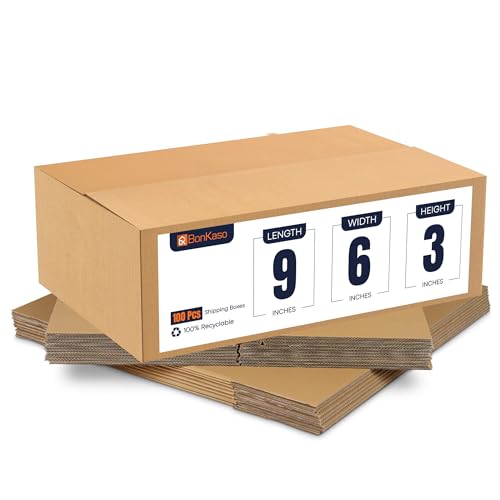 Image of BonKaso Brown 3 Ply Corrugated Packaging Boxes, 9x6x3 Inch, Pack of 100, Ideal for Shipping, Moving & Storage, Recyclable