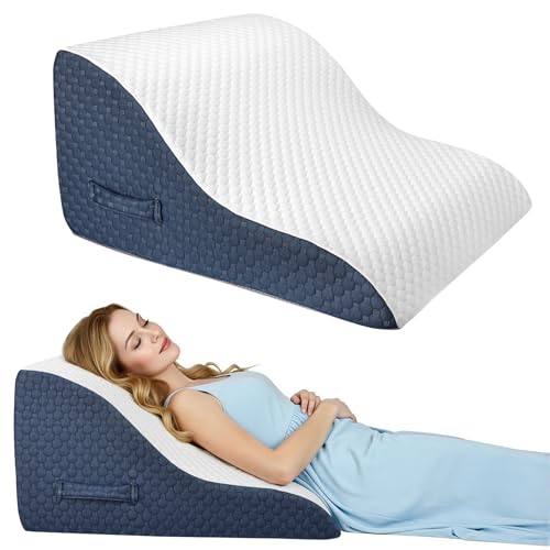 Azamia 三角クッション 腰枕 三角枕 背もたれ クッション 高さ調節可能 傾斜枕 足まくら 横向き寝 体位変換 テレビ枕 大きい 高反発 ウェッジ枕 背あて ランバーサポート ベルボア生地 カバー洗える (青と白)