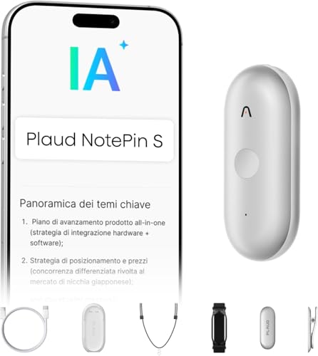 Plaud NotePin S Registratore Vocale AI Pulsante di Registrazione Tattile Audio Digitale Trascrizione Riepilogo Appunti Per Professionisti Sempre in Movimento Riunioni Lezioni con 4 Accessori, Argento