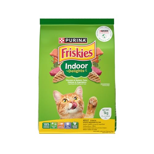 PURINA, FRISKIES Indoor Delights Adult Dry Cat Food, 1 kg, Contains Salmon, Tuna, Chicken and Vegetables Flavours