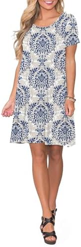 AUSELILY Women's Summer Dresses Casual T-Shirt Short Sleeve Dress Loose Swing Short Dress with Pockets