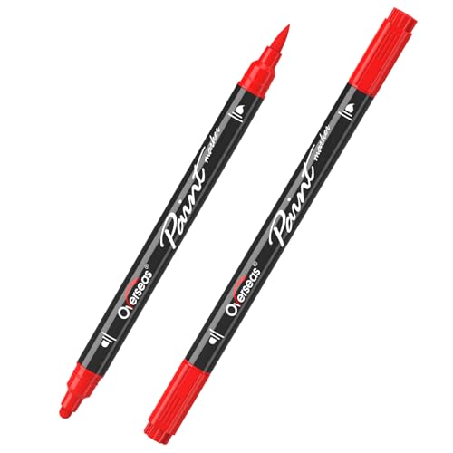 Overseas Red Acrylic Paint Markers 2 Pack Dual Tip Paint Pens Acrylic Markers with Dot and Brush Tip Coloring Marker for Wood Rock Canvas Glass Metal Ceramic Plastic Fabric School Supplies