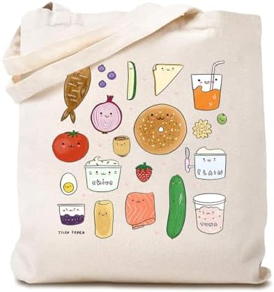 Breakfast Food Bagel Canvas Tote Bag Women Bagel and Friends Shopping Bag Eco-Friendly Bag Reusable Grocery Bag