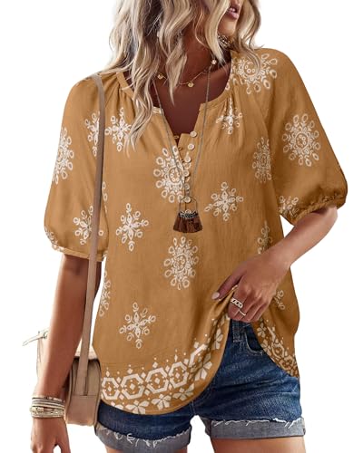 Unixseque Womens Summer Tops V Neck Short Sleeve Blouses Casual Button Down Shirts Floral Boho Clothing Trendy 2025