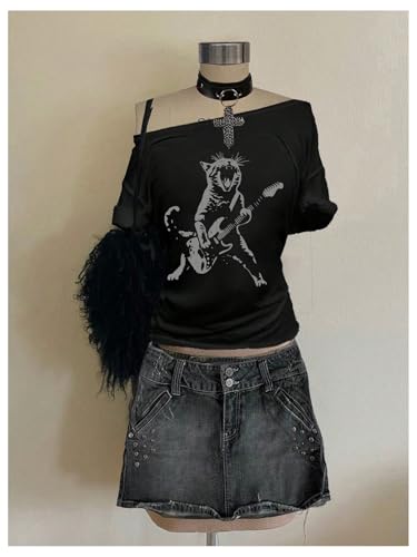 Image of RoseSeek Women's Off The Shoulder Goth Graphic Tees Short Sleeve Asymmetrical Oversized Y2K T Shirts