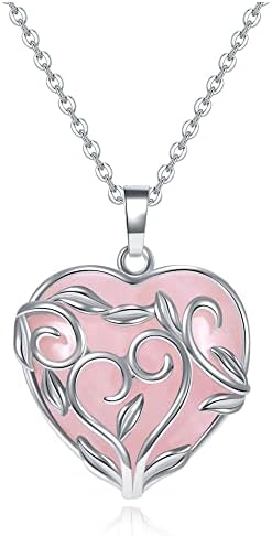 JSDDE Healing Crystal Necklace Silver Wrapped Heart Crystals Gemstone Pendant Necklaces Quartz Stone for Women Gift