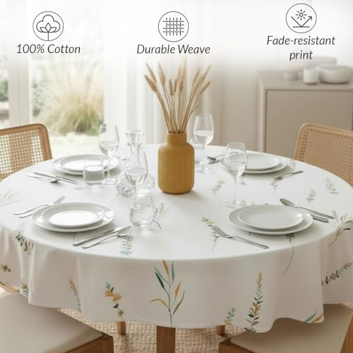 Image of HOMEMONDE 100% Cotton Premium Dining Round Table Cover, 45 x 45 Inches Floral Printed Table Cloth 4 Seater, Round Table Cover - (114 x 114 CM, Leafscape - Yellow & Green)