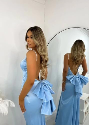 YUAOHUANG Women Satin Prom Dress with Bow Spaghetti Straps Mermaid Bow Gowns Long Bodycon Satin Formal Evening Dress2