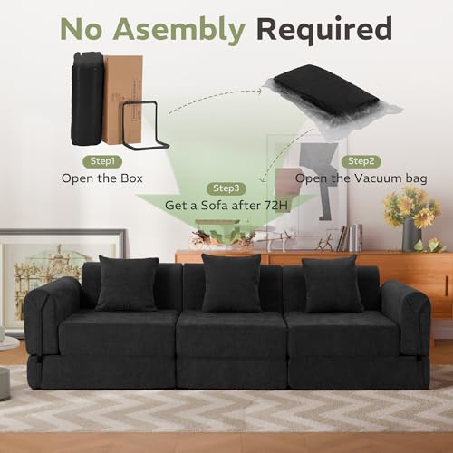 Image of 100 inch Convertible Sofa Bed, 5-in-1 Modular Sectional Cloud Couch with Fixed-Shape Frame & Storage Pocket, No Assembly Required Boneless Sleeper Sofa for Living Room, Chenille Black