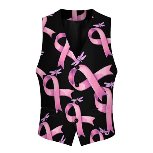 Breast Cancer Awareness Ribbon Dragonfly Men's Suit Vests Dress Vest V-Neck Waistcoat Slim Business Formal with Pocket4