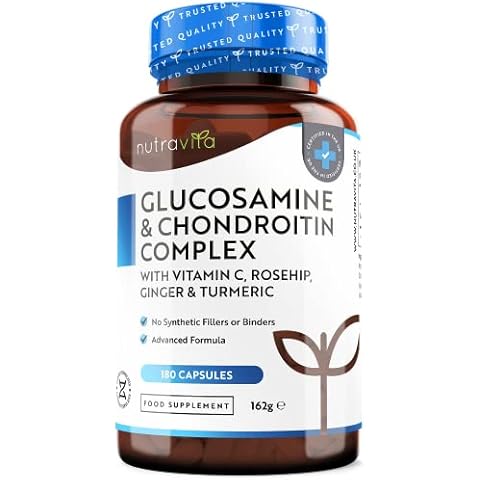 Glucosamine and Chondroitin Complex – 180 High Strength Capsules – Contributes to The Maintenance of Normal Immune System – with Vitamin C, Turmeric, Ginger and Rosehip – Made in The UK by Nutravita Cover