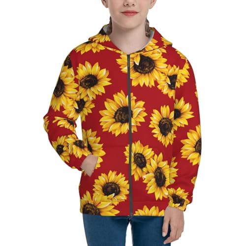 Sunflowers On Red Kids Pullover Hoodies Boys Zip Up Sweatshirts Girls Athletic Clothes with Pocket3
