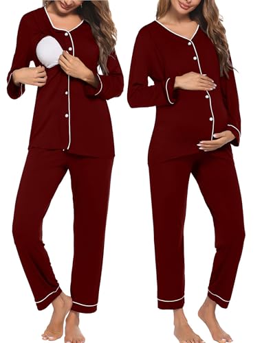 Image of Ekouaer Maternity Pajama Set Button Down Nursing Pajamas Long Sleeve Breastfeeding Loungewear with Adjustable Pants