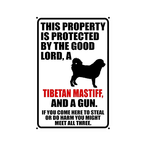 Metal Vintage Signs Property Warning Sign Warning Tibetan Mastiff Dog And a Gun Wall Plaque Decoration Retro Metal Signs Outdoor Personalized Text Art Decor 8x12 inch