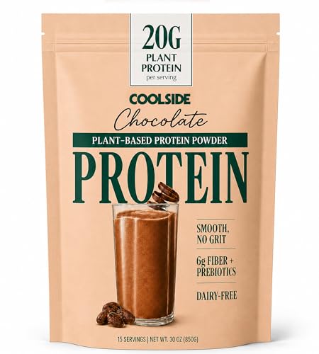 Coolside Vegan Protein Powder, Prebiotic Fiber & Superfoods | Chocolate | 20g Plant Based Protein Powder for Women & Men | Non Whey | Dairy Free | Naturally Sweetened | Gluten Free | 15 Serv