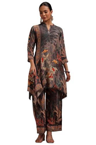 Image of Soch Womens Crepe Botanical Print Co-Ord Set With Beads And Stones