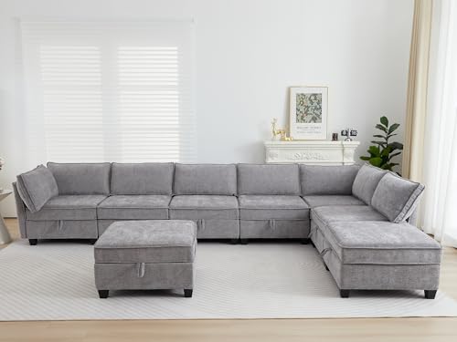 Image of ORRD Oversized Modular Sectional Sofa Set, Convertible U Shaped Couch with Storage, 8 Seater Sofa Modular with Ottomans and Reversible Chaise for Living Room, Office (Grey)