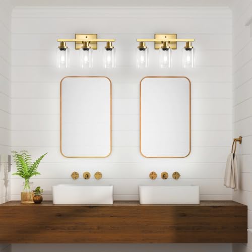 Image of Ascher Bathroom Vanity Light Fixtures, 3 Light Wall Sconces Lighting with Clear Glass Shade, Gold Wall Lights for Mirror, Kitchen, Living Room, Gallery, E26 Base (Bulbs Not Included)