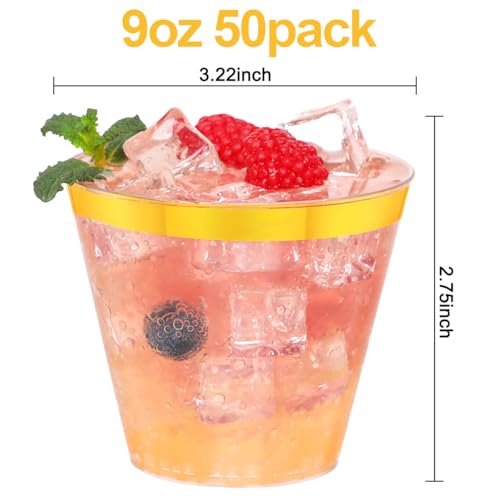 Image of 50 Pcs Gold Plastic Cups,9Oz Gold Rimmed Plastic Cups,Heavy Duty Gold Rim Clear Disposable Plasitc Cocktail Tumblers Wine Cup for Party,Wedding,Birthday,Christmas