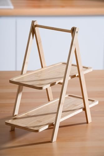 Image of Curated Cart Wooden 2 Tier Serving Tray Stand for Food & Decor - Rectangular Farmhouse Tiered Platters for Cupcakes, Snacks, Charcuterie, Parties & Kitchen Display - Bamboo Look