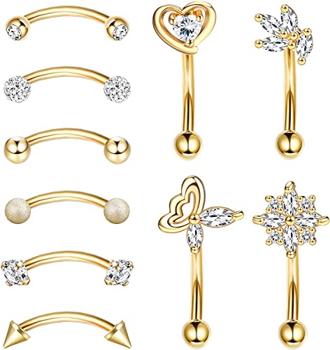 LOLIAS 10 Piezas 16G Rook Daith Pendientes Acero Inoxidable Labio Vientre Anillo Cartílago para Mujeres CZ Cuerpo Perforación Curvada Barbell Anillos Ceja 8mm Piercing Joyería