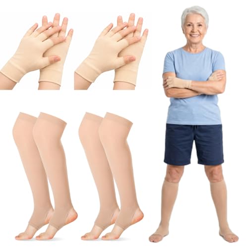 Funnysoft 4 Pairs Elderly Skin Thin Protector Gloves and Leg Protectors Fingerless Glove Bruise Abrasion Protective to Cover Bruising
