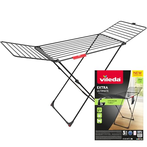 Vileda Tendedero Ultimate Extra de Aluminio con Patas en X (Black Edition) | Tubos 5 Veces más Resistentes | Tubos XL para Menos Marcas en Ropa | 20M para Secado | Soporte Calcetines