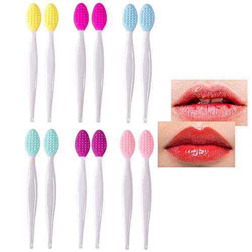 Silicone Exfoliating Lip Brush, Lip Scrub Brush Lip Brush Mini Exfoliating Brush Set, fine brush and large massage bead brush Beauty Tool for Smoother and Soft Lip, 6 Colors(12Pcs）