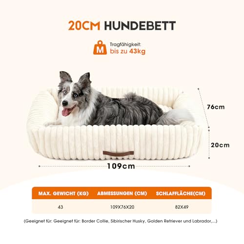 Upvilla Luxusweicher Hundekorb, Super Weiches hundebett Grosse Hunde, 4-seitiges Nackenkissen, Abnehmbare Waschbare Hundematte, Hundesofa mit Griffen, Haustierbett (Beige, 109 * 76 * 20cm)