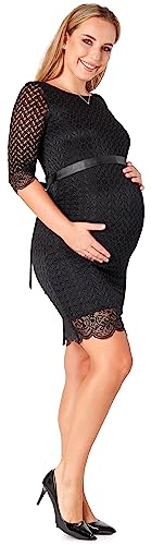 Be Mammy Vestido de Maternidad Elegante para Mujer Vestido premamá con Encaje y Mangas Cortas para Embarazada de Viscosa Falda Embarazo BE20-205 (Negro, XL)