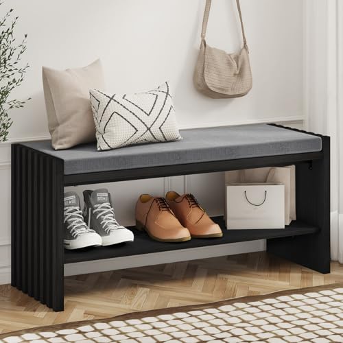 BON AUGURE Entryway Shoe Bench with Storage & Cushion for Mudroom, Black