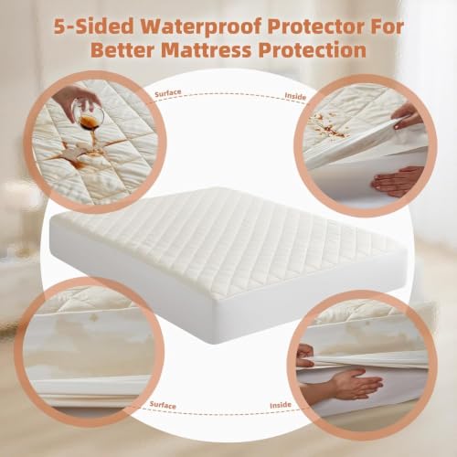 Image of Organic Queen Mattress Protector -Top&Side 100% Waterproof Protector | Organic Mattress Protectors for bed | 5-Sided Waterproof Protection | Noiseless & Breathable | Queen Size 80x60x17 in