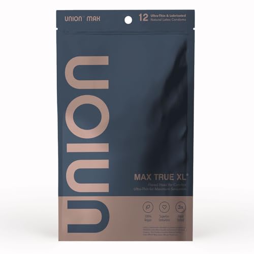 UNION MAX Condoms - True XL - Ultra Thin, Flared Head, Vegan, Lightly Lubricated Condom, Non-Toxic Natural Rubber Latex, Larger Size 60mm - 12 Count Pack