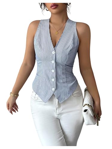 GORGLITTER Women's Striped Button Up Vest Tops Sleeveless Work Office Waistcoat Suit Vest Blazers