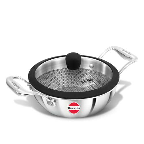 Hawkins Pro 1.5 Litre Shielded Nonstick Triply Deep-Fry Pan, Kadhai with Stainless Steel Handles and Glass Lid, Silver (PSNK15G), 18 cm|Induction and 