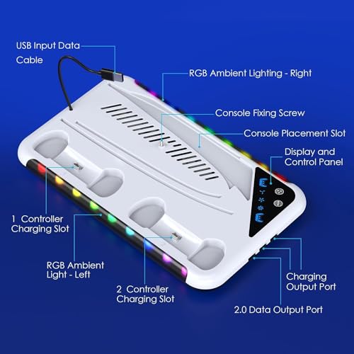 Image of PSS Compatible with PS 5 S tand for PS 5 / PS5 Slim Console Disk /Digital Cooling Stand 3 Levels Fan RGB LED, Dual Controller Charging Station for PS5 Accessories,Headset Holder, 13 Game Disk Stand