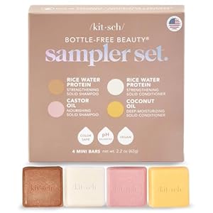 Kitsch 4pc Sampler Solid Shampoo and Conditioner Set – Rice Bar & Castor Oil Shampoo and Rice Bar & Coconut Oil Deep-Moisturizing Hair Conditioner, Zero Waste
