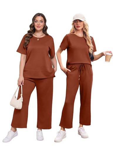 Image of XIEERDUO Women's Side Slit Lounge Sets 2026 Fashion 2 Piece Travel Outfits Cozy Loungewear Wide Leg Tracksuits S-3XL